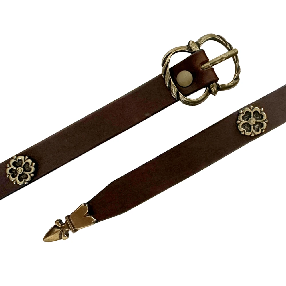 Brown leather medieval belt - brass decoration