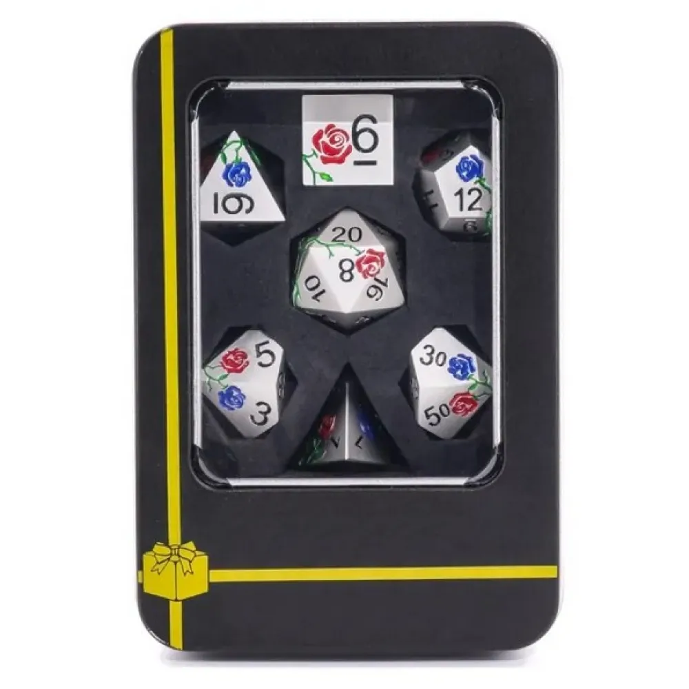 Red and Blue Rose Metal Dice Set, silver
