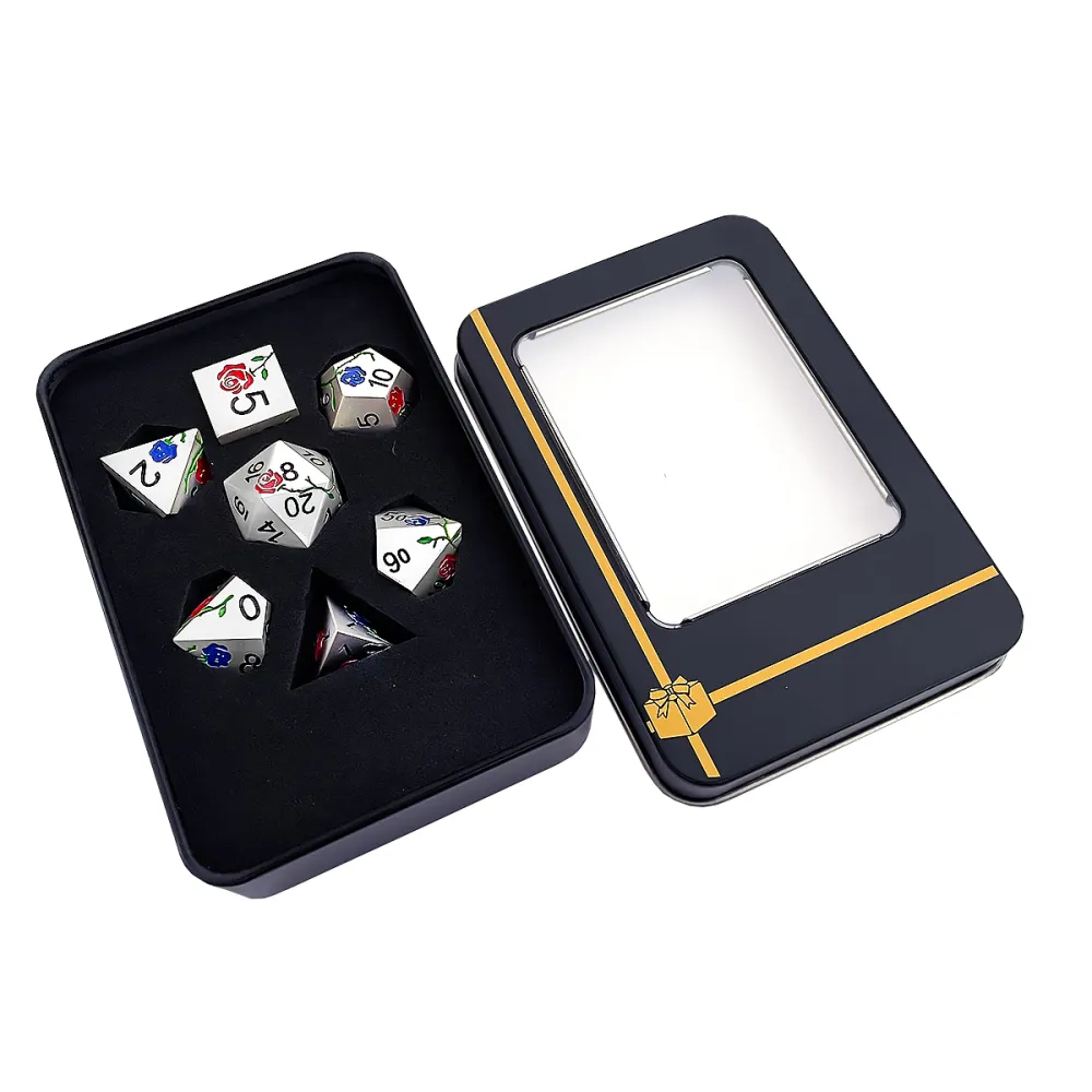 Red and Blue Rose Metal Dice Set, silver