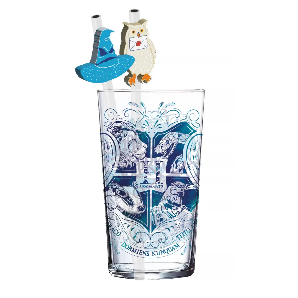 Harry Potter Trinkglas mit Strohhalmen - Hogwarts Wappen
