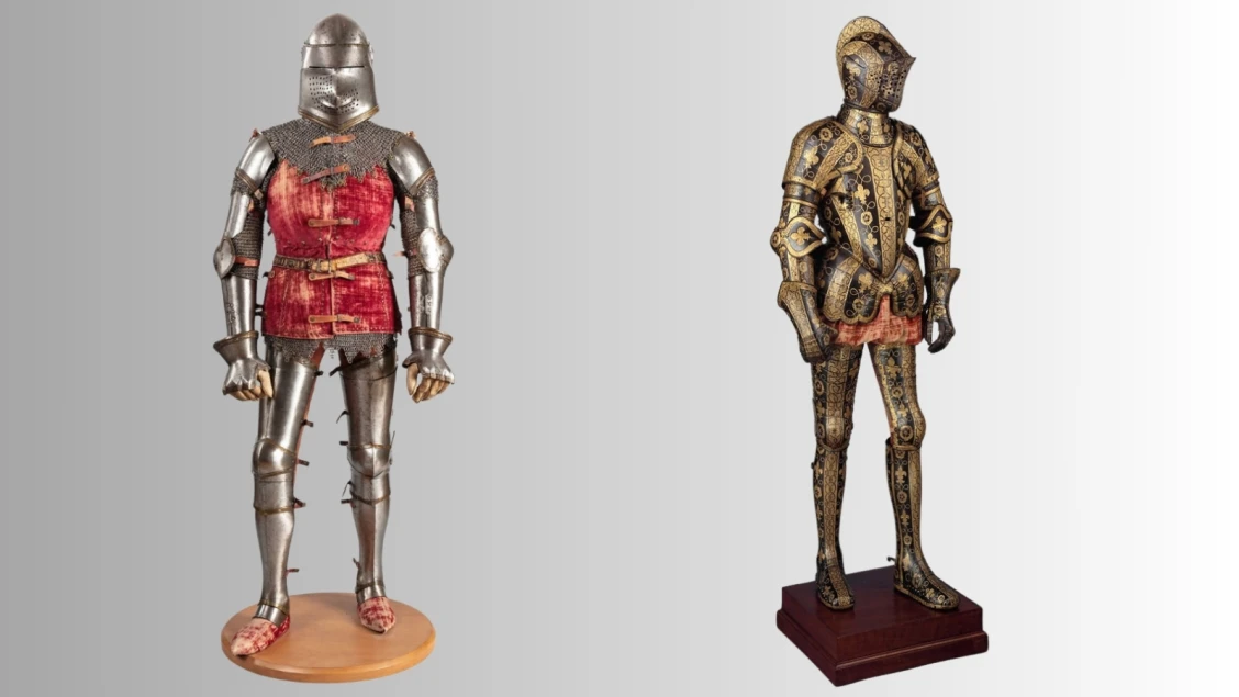 Italian brigandine on the left and blackened armor on the right